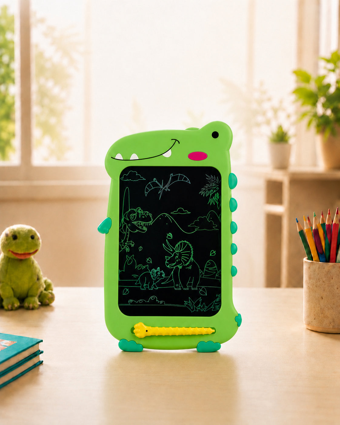 Ardoise à dessin LCD My Little Board posée sur une table à la maison avec crayons et doudou, activité calme et créative sans écran
